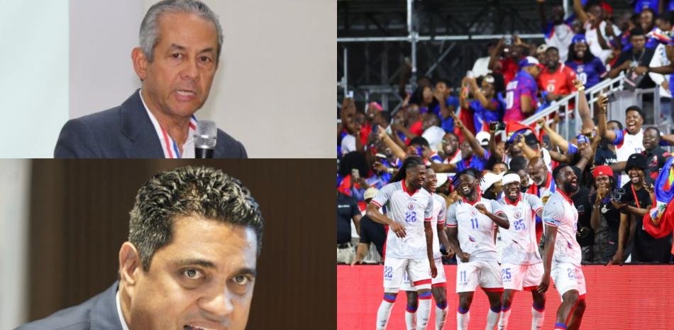Fedofútbol acata el veto a los equipos haitianos y asegura que la Concacaf no tomará represalias Montaje de Listín Diario con José Francisco Deschamps, el ministro Kelvin Cruz y la selección de fútbol de Haití